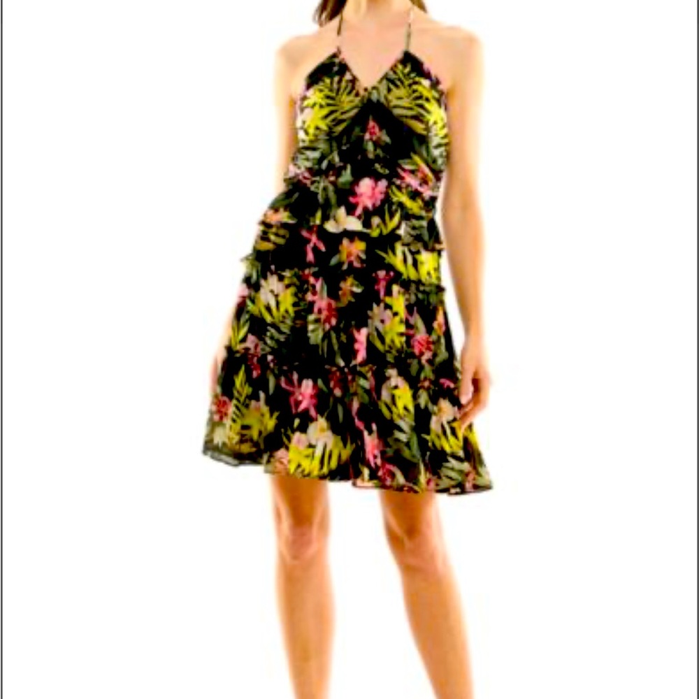 NICOLE MILLER PRESLEY CHIFFON TIERED HALTER DRESS